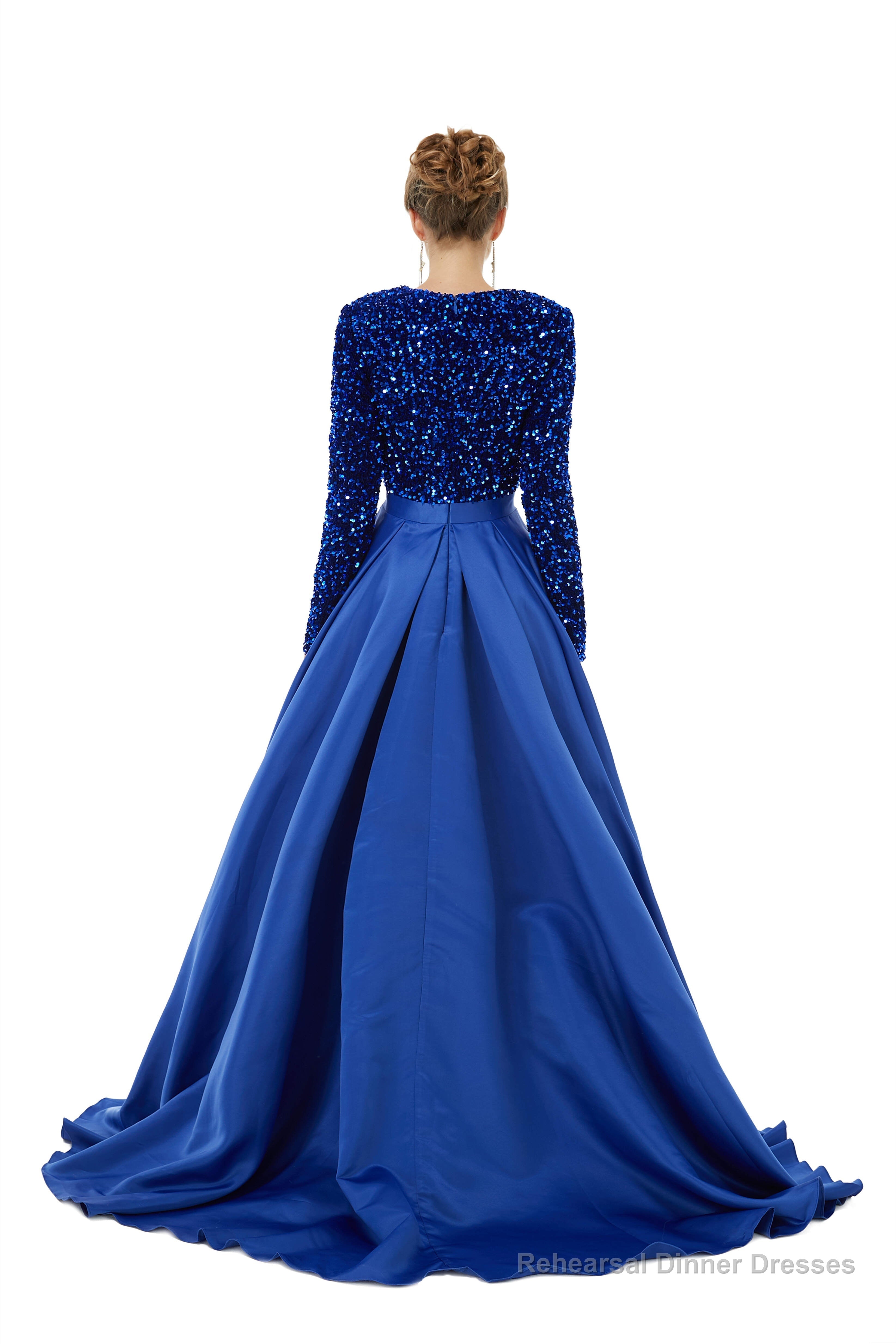 Sequined Satin A Line Front Slit V Neck Full Sleeve Sweep Train Long Prom Dresses