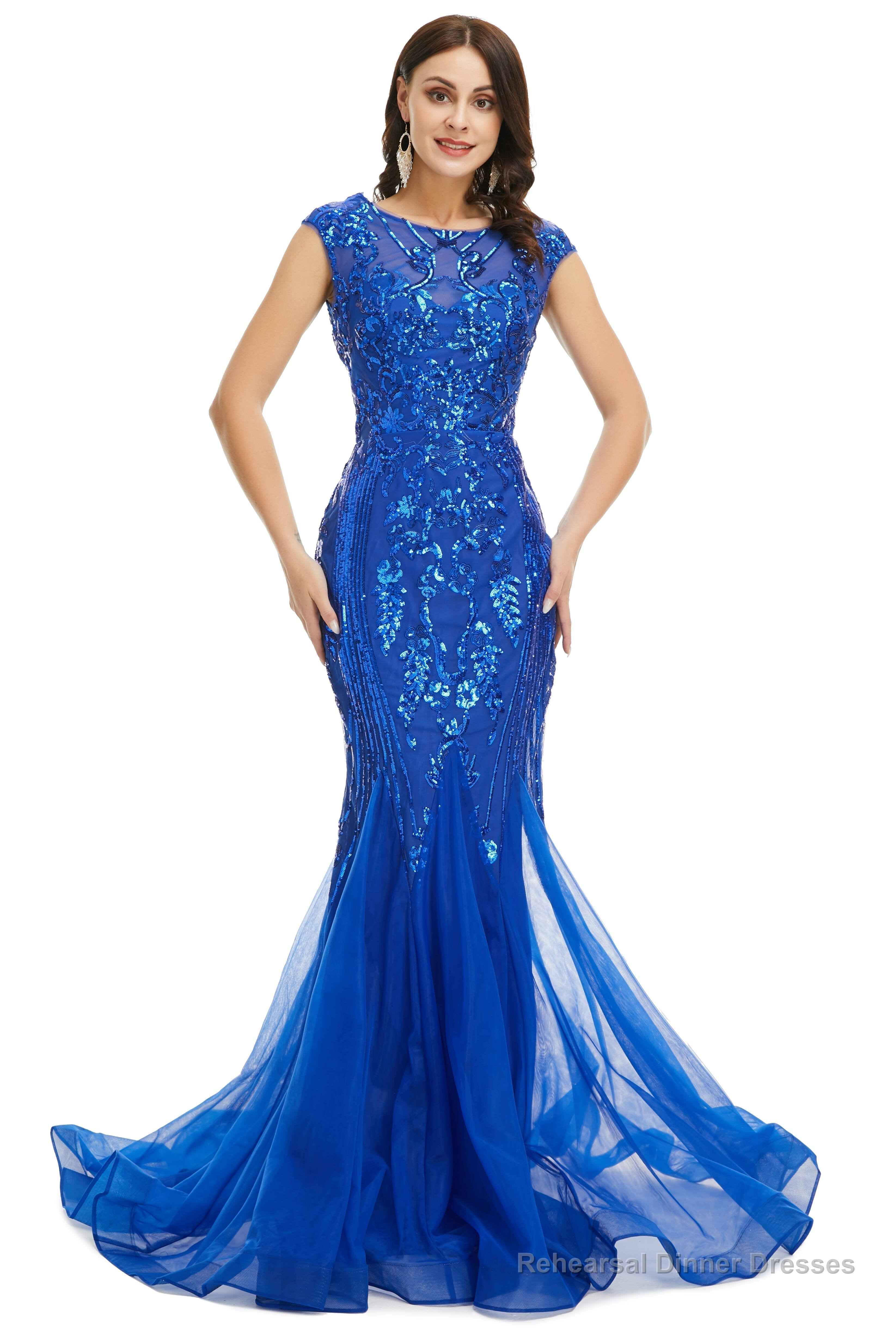 Royal Blue Sequined Tulle Mermaid Cap Sleeve Scoop Neck Formal Gowns