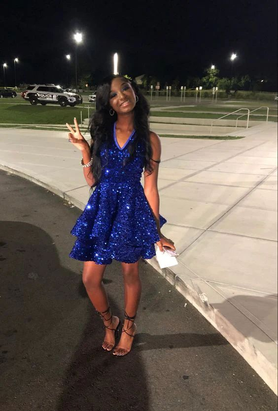 Royal Blue Sequins A Line Homecoming Dress Short Classy Dress