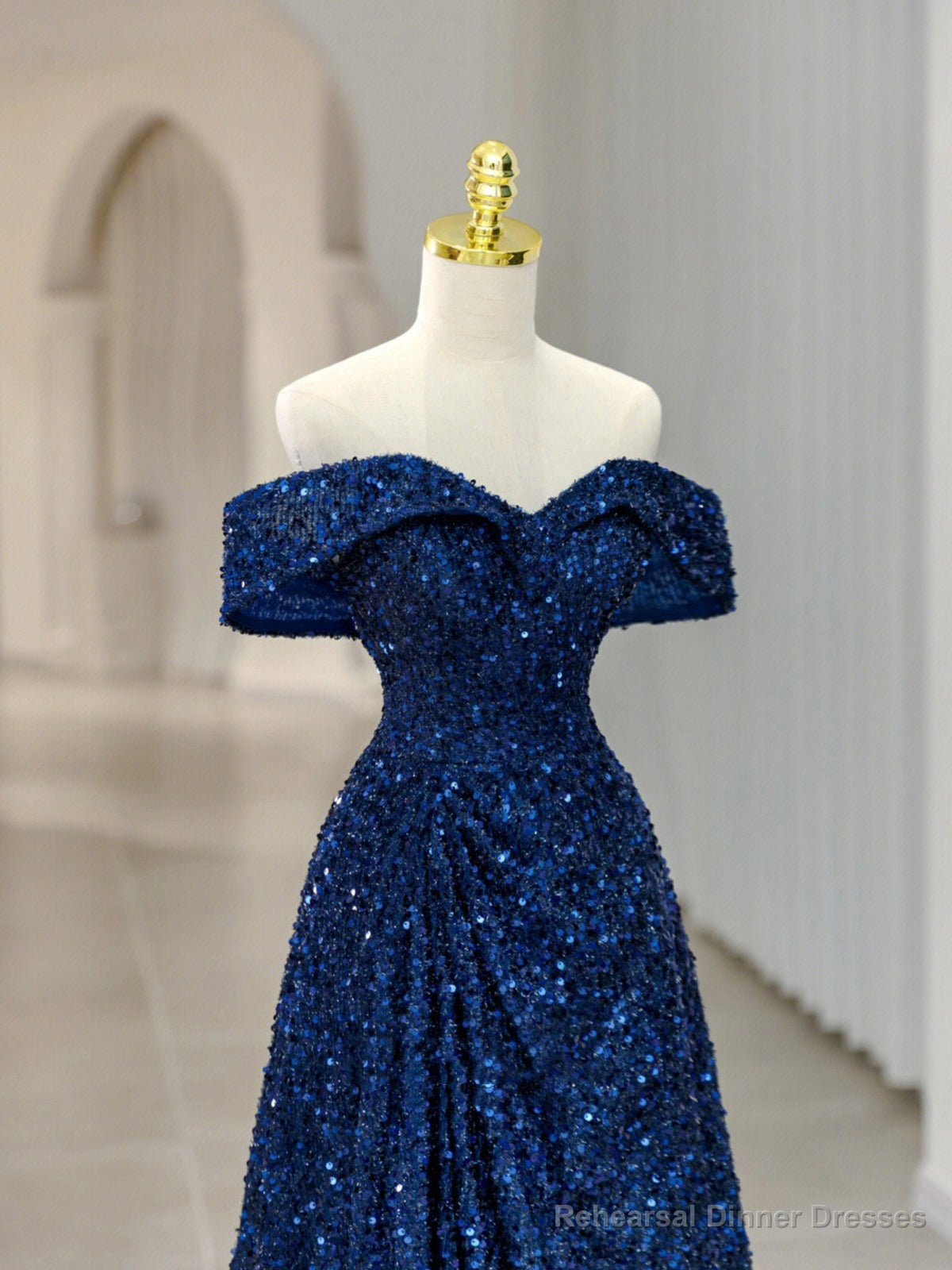 Royal Blue Sequins Long Prom Dress,Off the Shoulder Formal Evening Dresses Secondary image