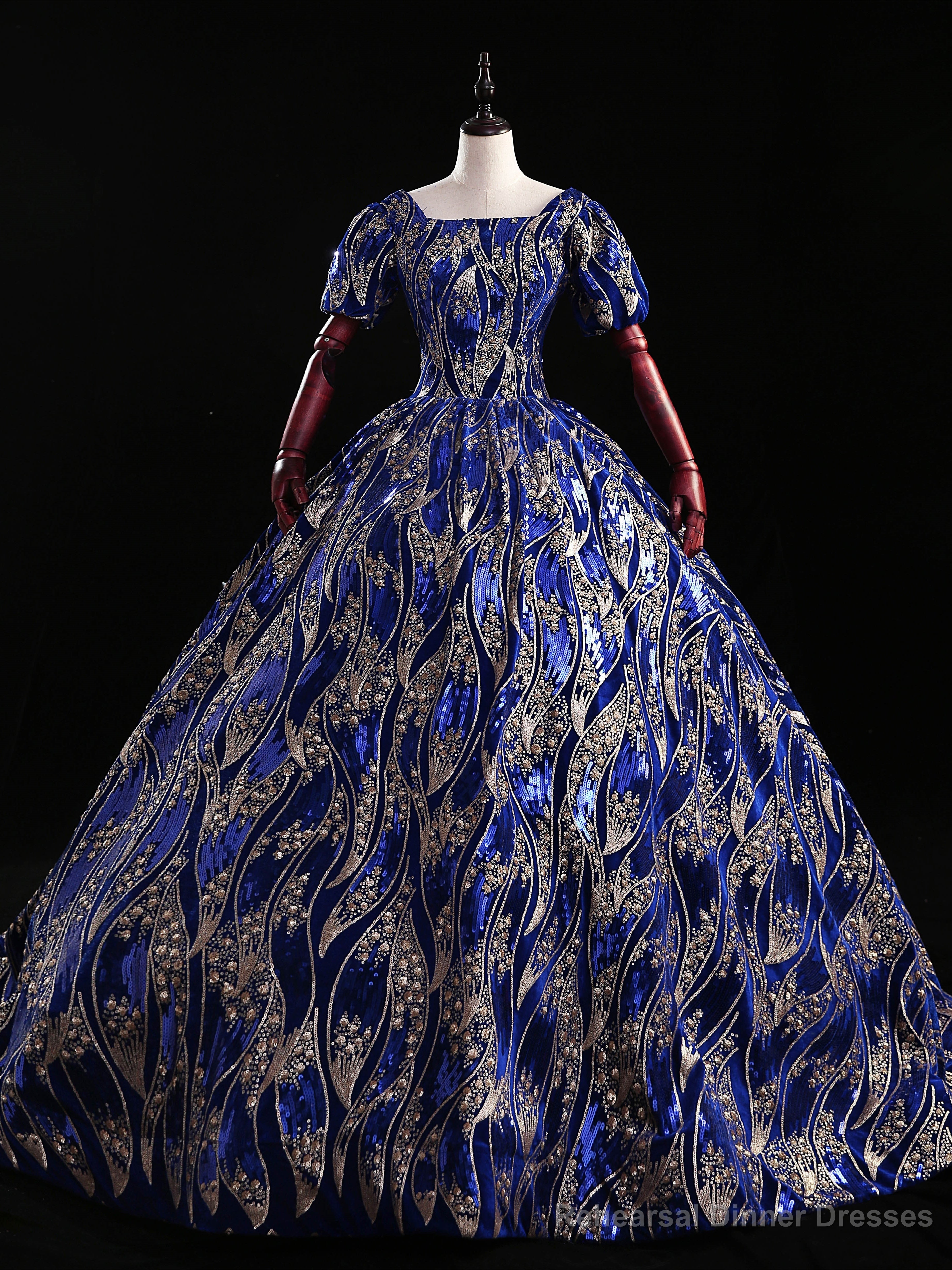 Royal Blue Sequins Short Sleeve Square Quinceanera Dress Main image