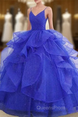 Royal Blue Spaghetti Strap Quinceanera Dress V-neck with Ruffles