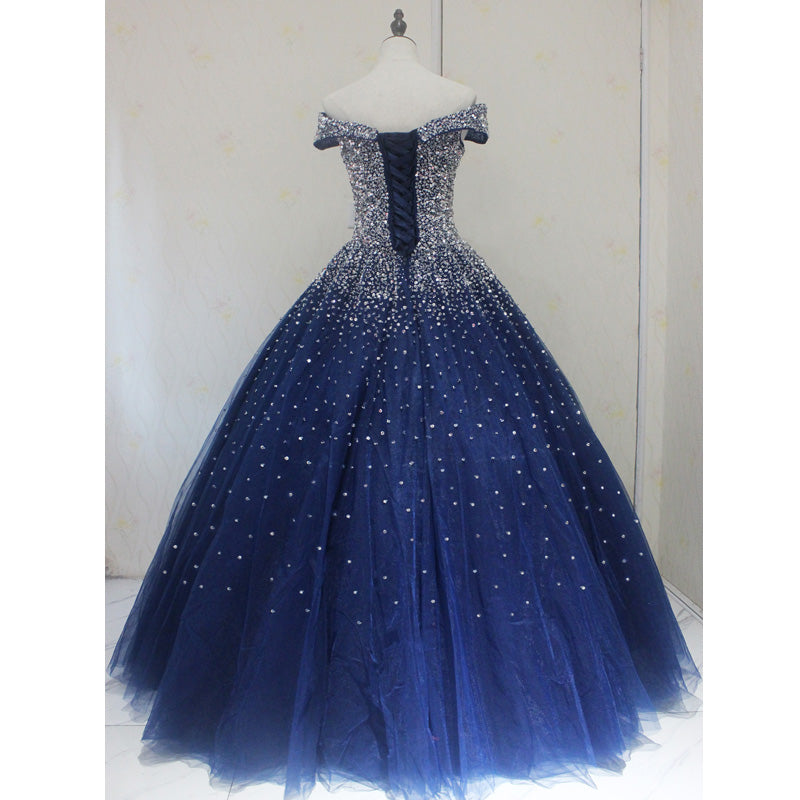 Blue Sparkle Off Shoulder Ball Party Dress , Handmade Beaded Party Dress Secondary image