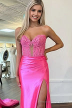 Royal Blue Strapless Lace Mermaid Long Prom Dresses With Slit