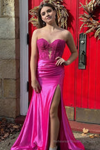 Royal Blue Strapless Lace Mermaid Long Prom Dresses With Slit