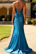 Royal Blue Strapless Ruched Corset Mermaid Beaded Long Prom Dress With Slit