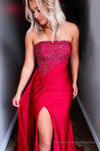 Royal Blue Strapless Sequins Prom Dress with Slit