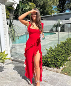 Red Chiffon Classy Prom Dress Long Ruffle Party Dress Classy Evening Dress