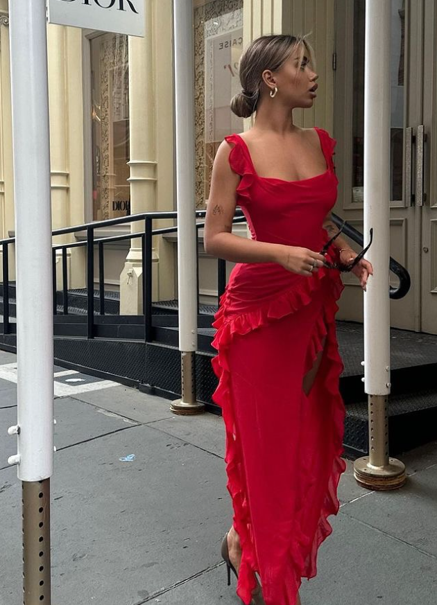 Red Chiffon Classy Prom Dress Long Ruffle Party Dress Classy Evening Dress