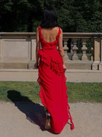 Red Chiffon Classy Prom Dress Long Ruffle Party Dress Classy Evening Dress
