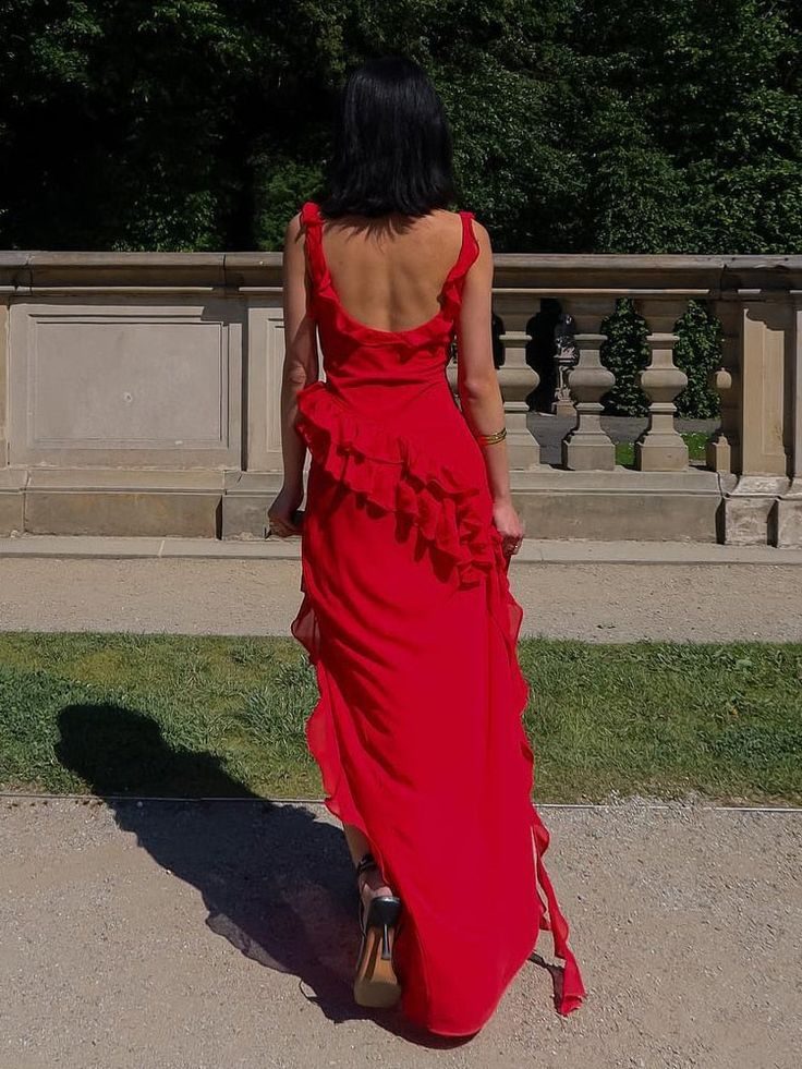 Red Chiffon Classy Prom Dress Long Ruffle Party Dress Classy Evening Dress