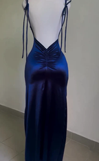 Royal Blue Straps Backless Satin Long Party Dress Classy Evening Dress