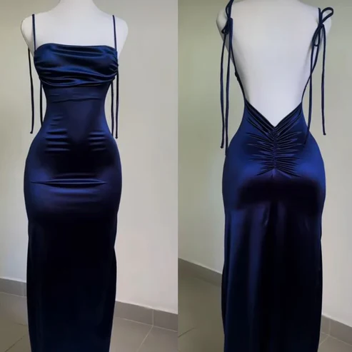 Royal Blue Straps Backless Satin Long Party Dress Classy Evening Dress