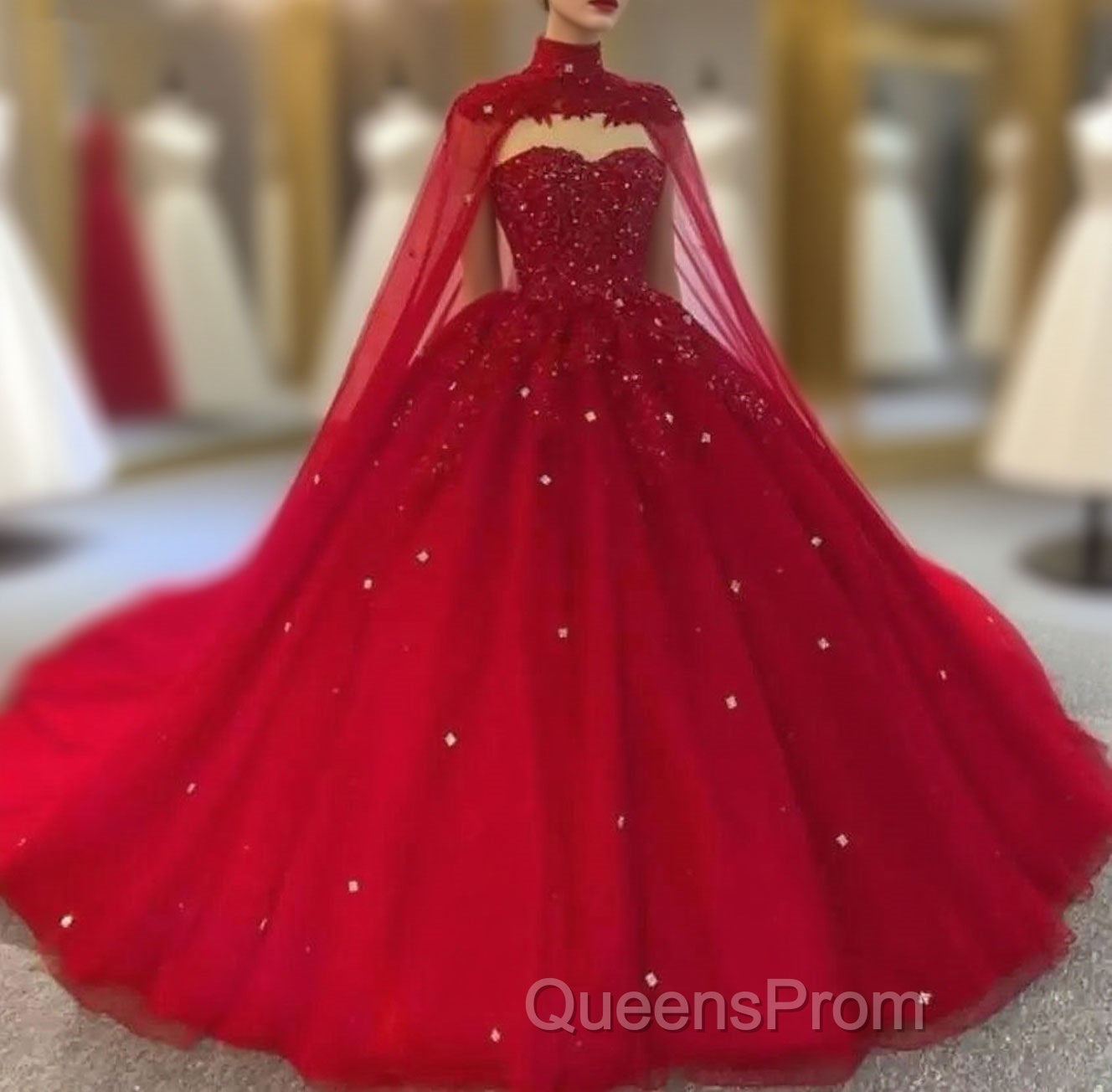 Royal Blue Tulle Ball Gown Evening Prom Dress With Cape Main image