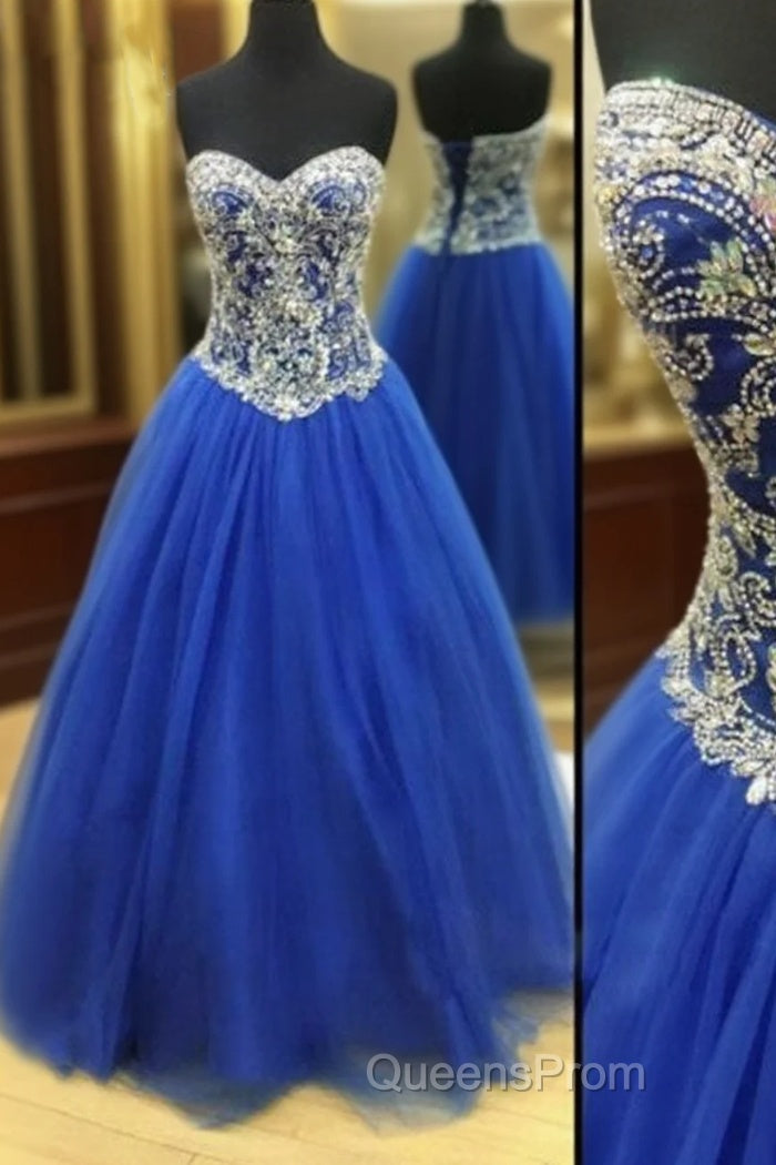 Royal Blue Tulle Beaded Long Evening Prom Dress, Blue Evening Dress Main image