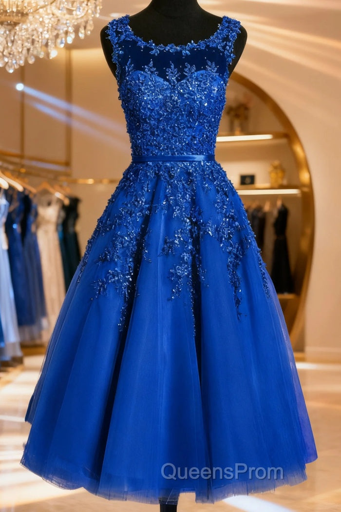 Royal Blue Tulle Tea Length Applique Round Neckline Formal Dress, Blue Wedding Party Dress Main image