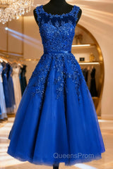 Royal Blue Tulle Tea Length Applique Round Neckline Formal Dress, Blue Wedding Party Dress