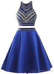Royal Blue Two Piece Satin Beading Crystal Homecoming Dress