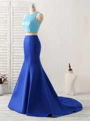 Royal Blue Two Pieces Satin Long Prom Dress, Blue Evening Dress