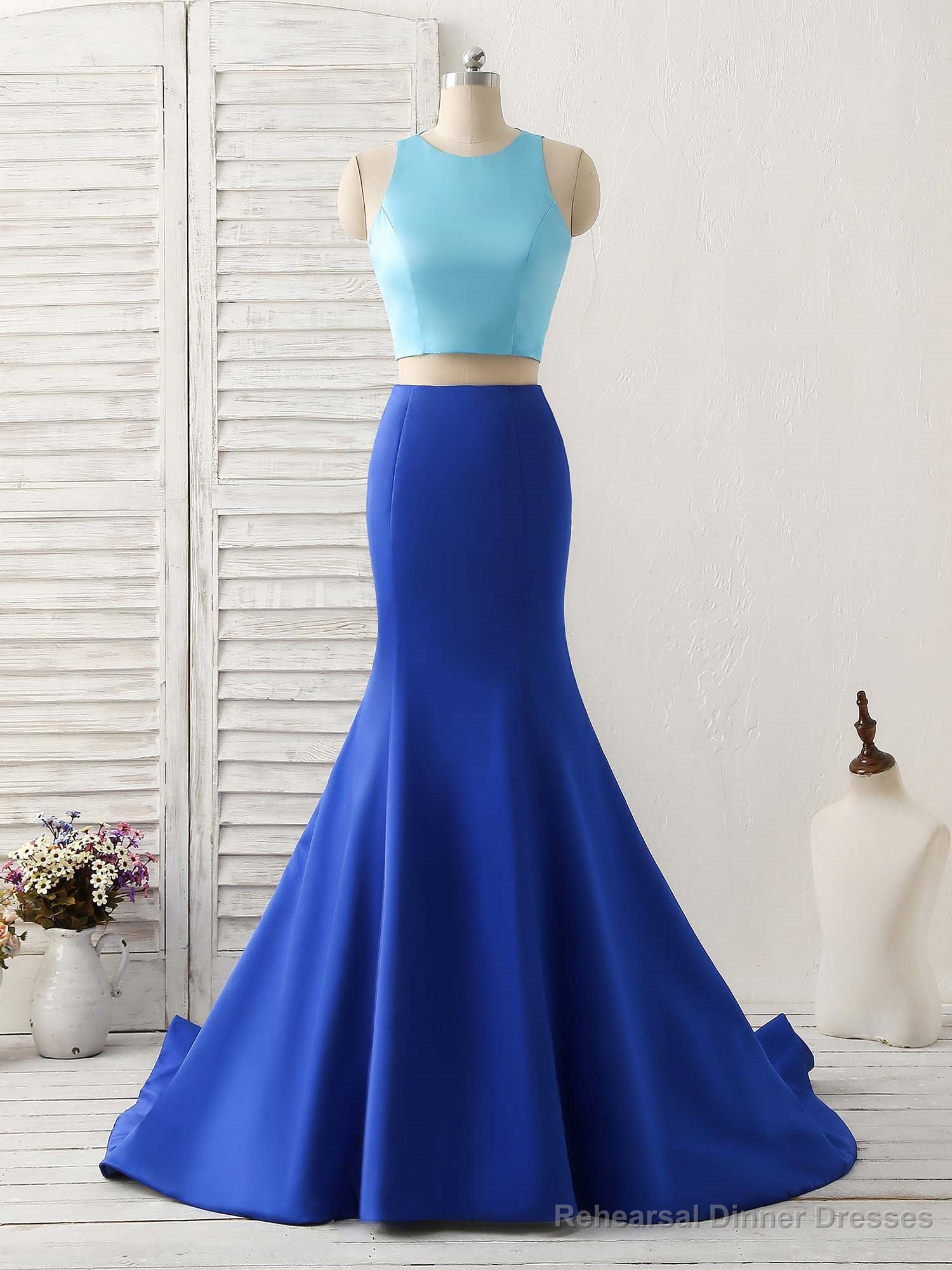 Royal Blue Two Pieces Satin Long Prom Dress, Blue Evening Dress Main image