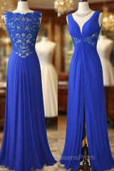 Royal Blue V Neck Chiffon Lace Long Evening Prom Dress, Evening Dress