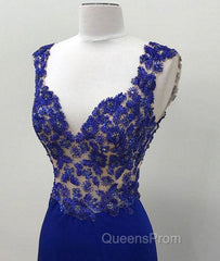 Royal Blue V Neck Mermaid Long Evening Prom Dress, Blue Evening Dress