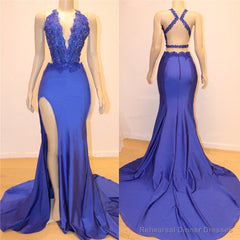Royal Blue V-neck Open back Side Slit Mermaid Beads Lace Prom Dresses