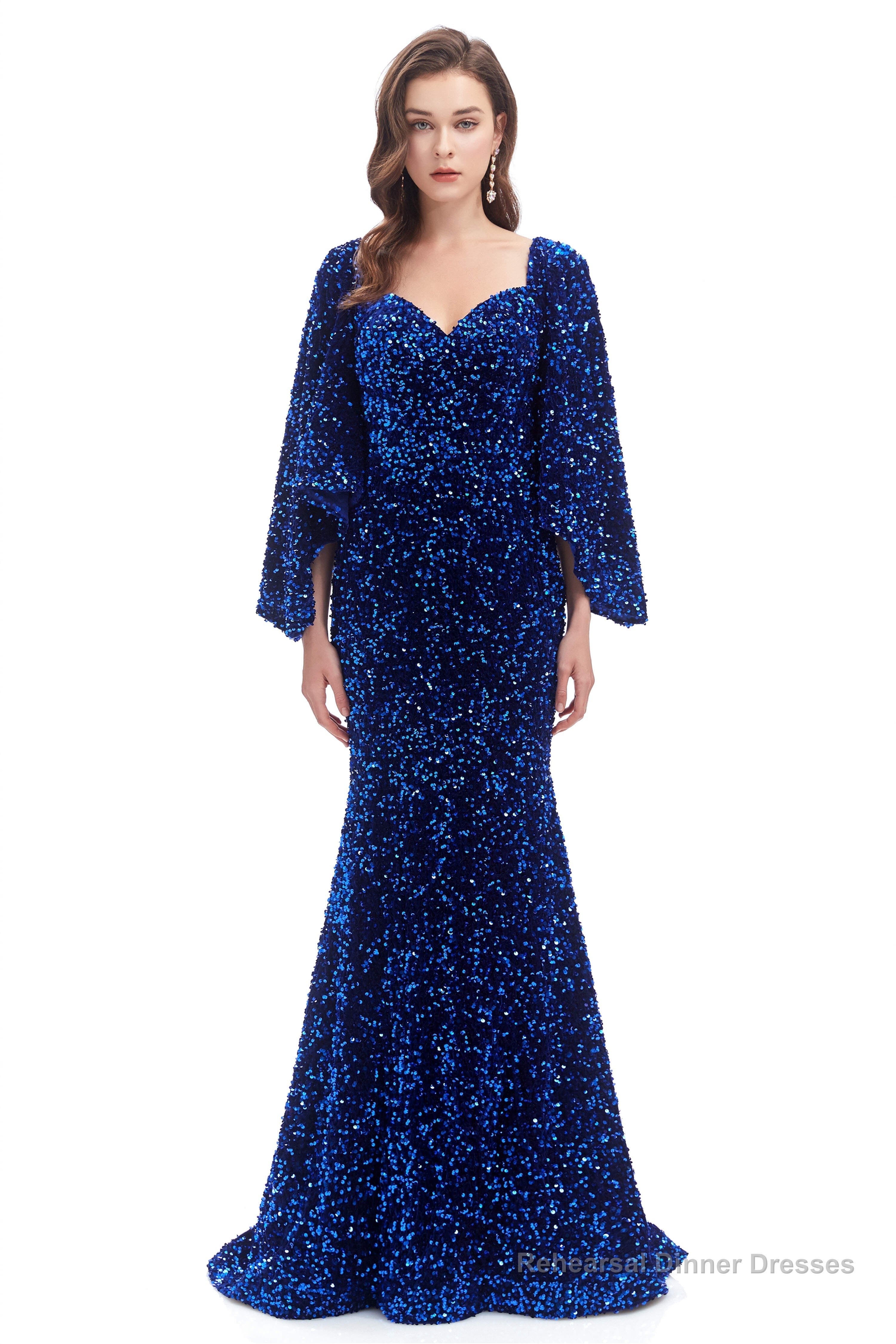 V-Neck Sequins Mermaid Prom Dresses with Sleeves