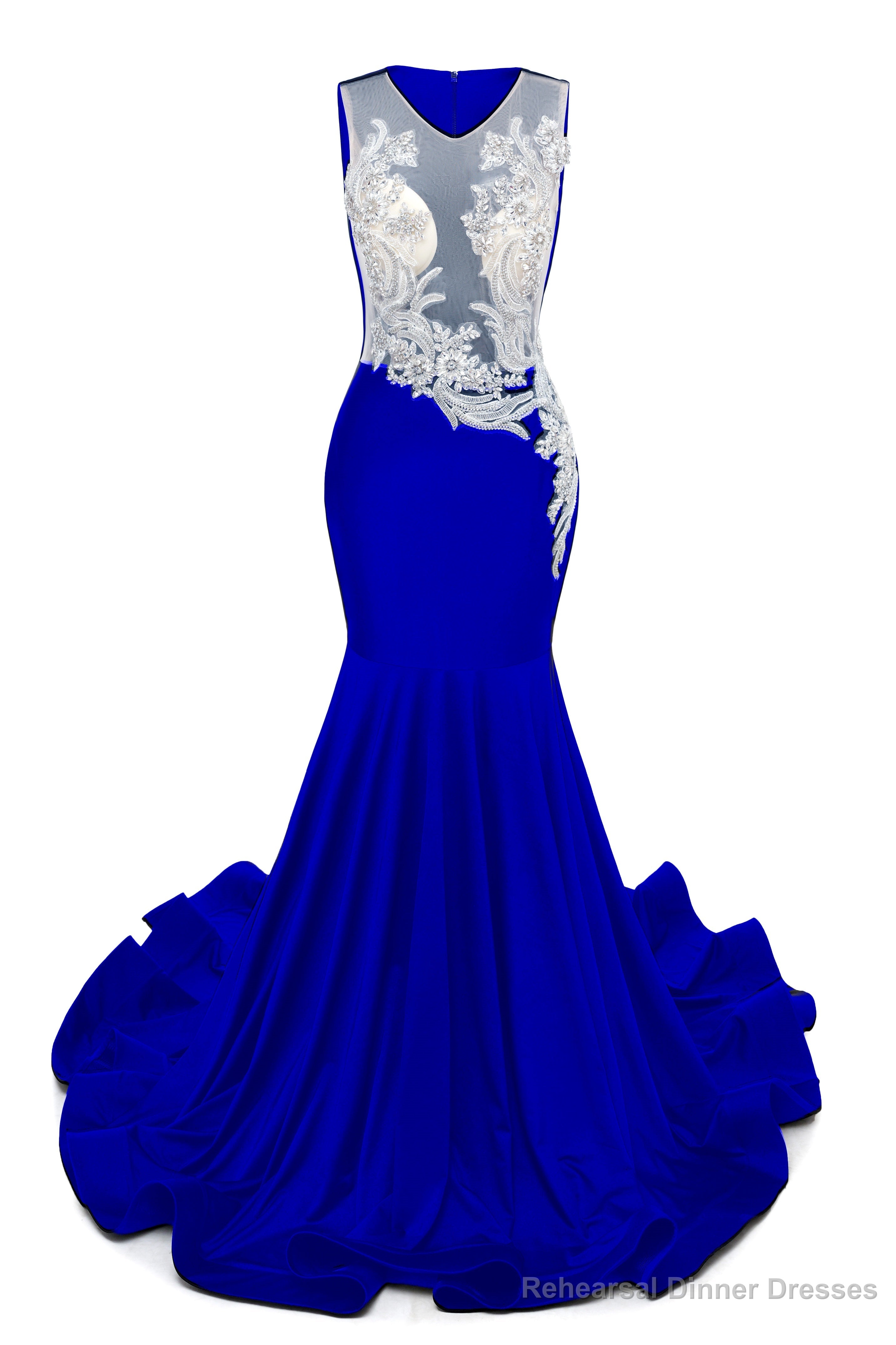 Royal Blue V-Neck Sheer Corset Prom Dresses Beaded Mermaid Long Train Evening Gowns Secondary image