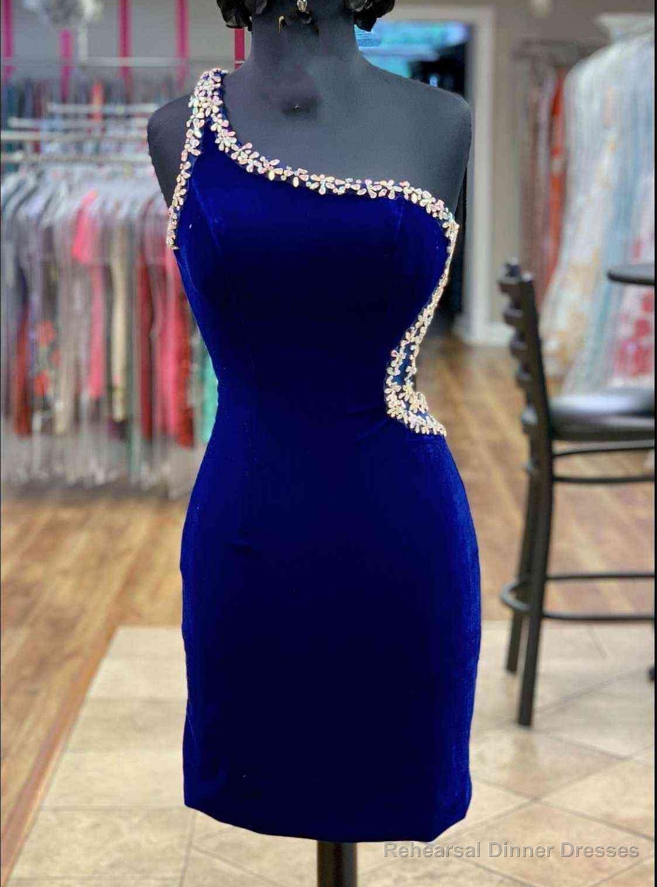 Royal Blue Velvet One Shoulder Crystal Homecoming Dress Main image