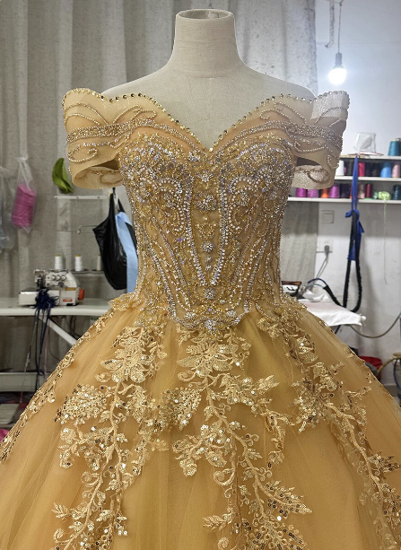 Royal Champagne Gold Off-The-Shoulder Beaded Embroidered Tulle Long Classy Prom Dress Secondary image