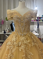 Royal Champagne Gold Off-The-Shoulder Beaded Embroidered Tulle Long Classy Prom Dress