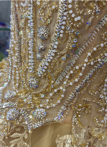 Royal Champagne Gold Off-The-Shoulder Beaded Embroidered Tulle Long Classy Prom Dress