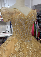 Royal Champagne Gold Off-The-Shoulder Beaded Embroidered Tulle Long Classy Prom Dress
