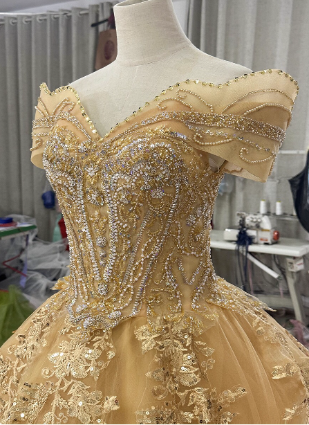 Royal Champagne Gold Off-The-Shoulder Beaded Embroidered Tulle Long Classy Prom Dress