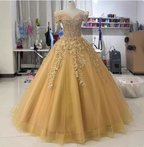 Royal Champagne Gold Off-The-Shoulder Beaded Embroidered Tulle Long Classy Prom Dress
