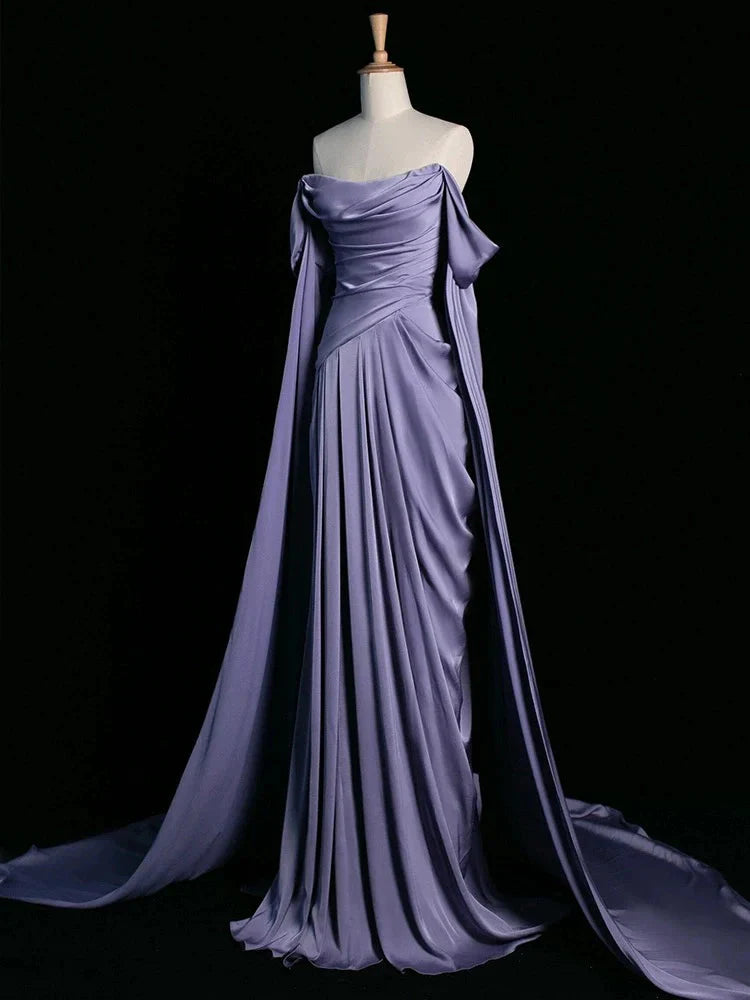 Royal Purple A-Line Off Shoulder Satin Long Classy Prom Dress Classy Evening Dress
