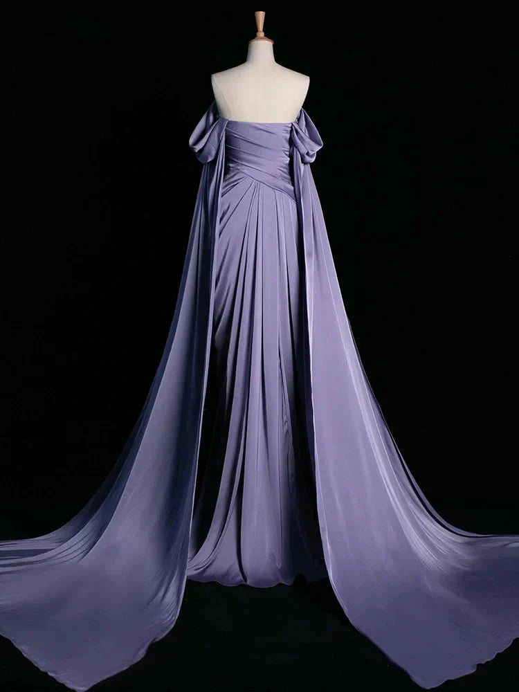 Royal Purple A-Line Off Shoulder Satin Long Classy Prom Dress Classy Evening Dress