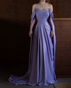 Royal Purple A-Line Off Shoulder Satin Long Classy Prom Dress Classy Evening Dress