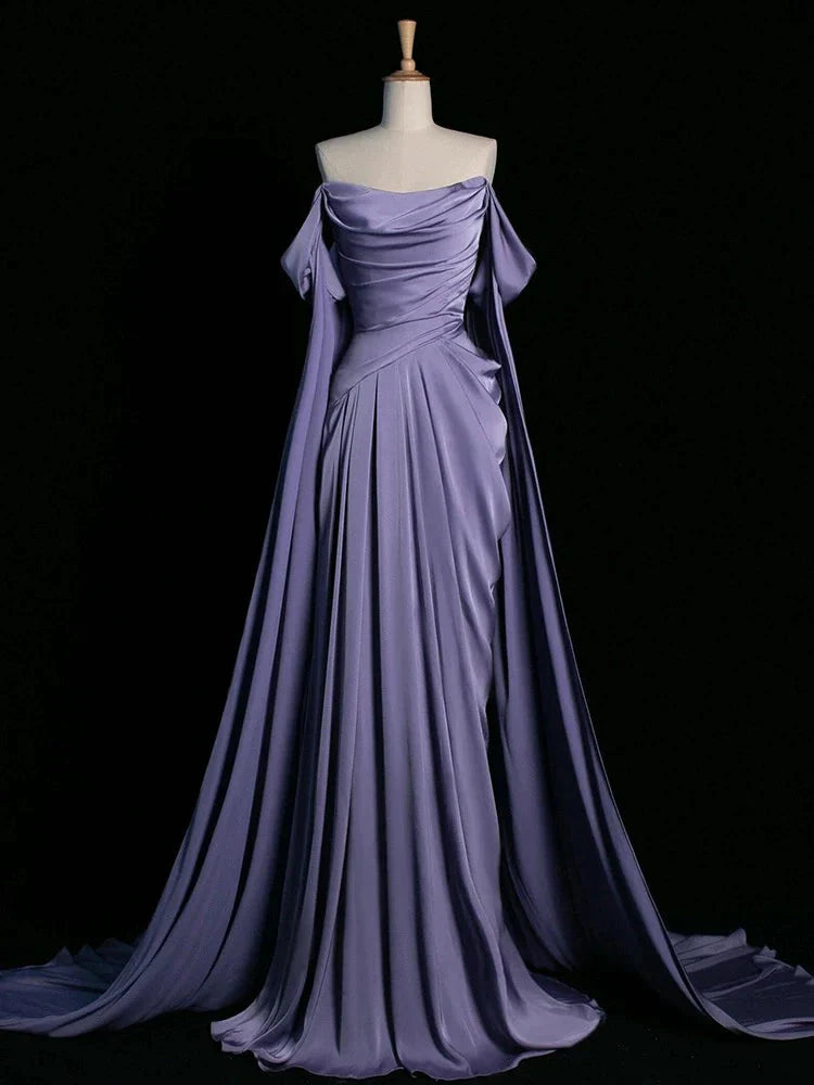Royal Purple A-Line Off Shoulder Satin Long Classy Prom Dress Classy Evening Dress Main image