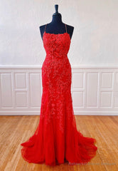 Red Lace Long Prom Dresses, Mermaid Evening Dresses