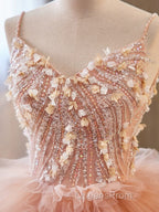 Unique V Neck Tulle Sequin Orange Pink Long Evening Prom Dress, Orange Pink Sweet 16 Dress