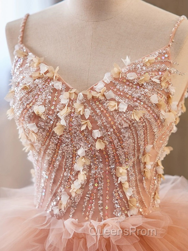 Unique V Neck Tulle Sequin Orange Pink Long Evening Prom Dress, Orange Pink Sweet 16 Dress