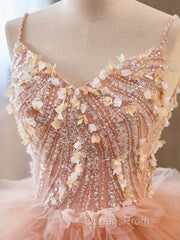 Unique V Neck Tulle Sequin Orange Pink Long Evening Prom Dress, Orange Pink Sweet 16 Dress