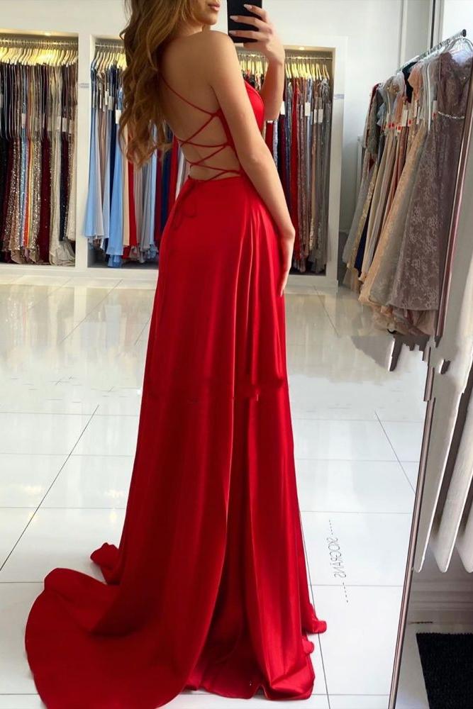 Ruby Red Chic High Split Court Train Long Evening Dress