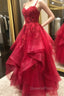 Ruffled A-line Lace Long Evening Prom Dress With Beading