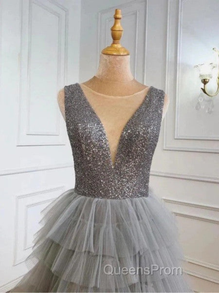Ruffles Tulle V Neck Gray Sequin Long Evening Prom Dress Secondary image