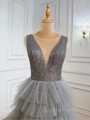 Ruffles Tulle V Neck Gray Sequin Long Evening Prom Dress