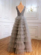 Ruffles Tulle V Neck Gray Sequin Long Evening Prom Dress