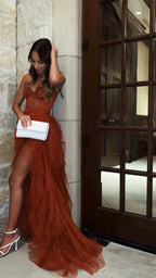 Rust Red Sweetheart High Low Tiered Classy Dress,Tulle Long Classy Evening Classy Prom Dress